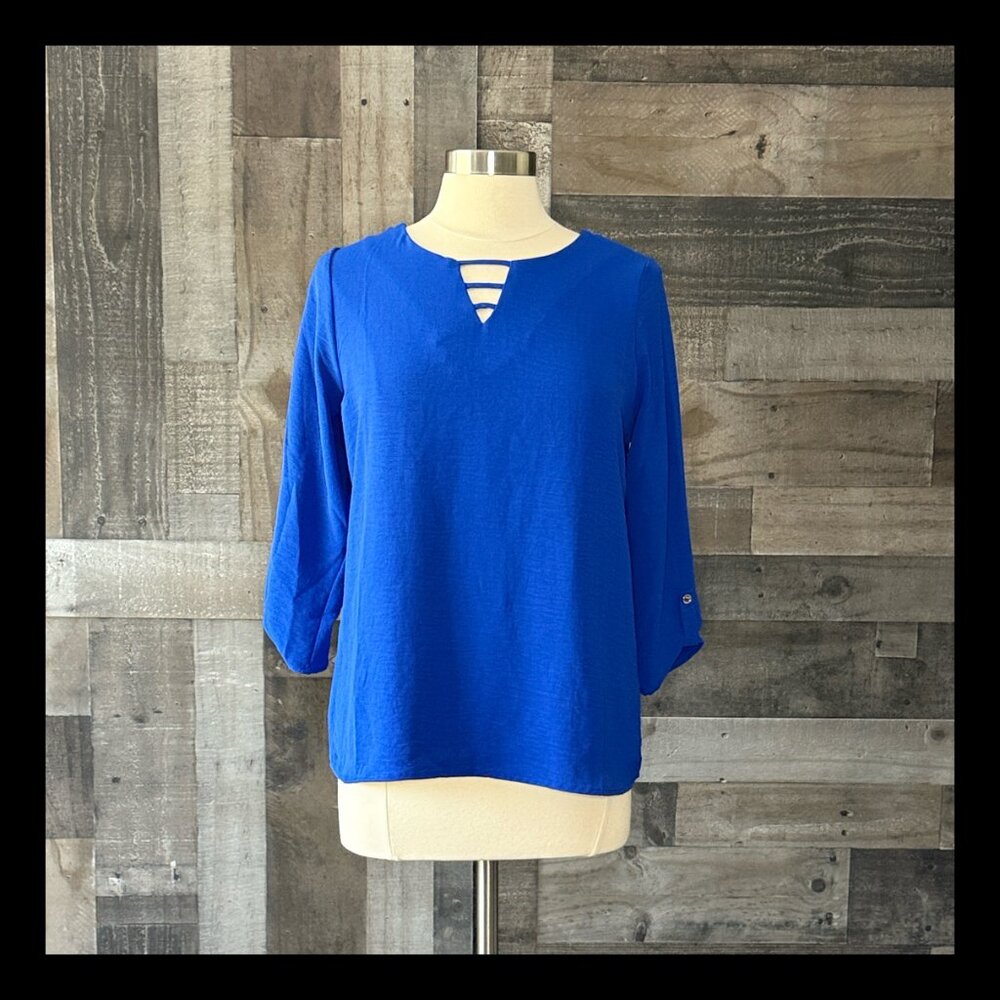 Naif blue tunic top large 3/4 sleeves business casual coastal grandma gorpcore